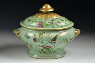 18th Century Chinese Export Famille Rose Celadon Body Soup Tureen Fine Detail