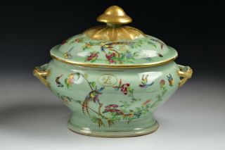 18th Century Chinese Export Famille Rose Celadon Body Soup Tureen Fine Detail 3