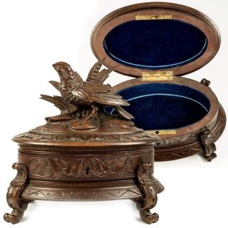 Antique Black Forest Carved Jewelry Box,  Casket With Game Hen,  Hunt Theme C.  1880