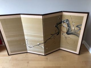 Asian 4 Panel Folding Silk Screen Wall Hand Painted Bird Flower Signed Stamped