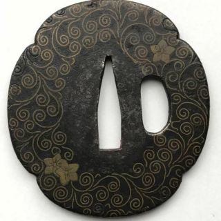 Tsuba Japanese Samurai Sword Katana Guard Heianjo Brass Inlay Arabesque Pattern