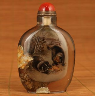 Big Chinese Natural Old Crystal Hand Inside Painting Love Dog Snuff Bottle