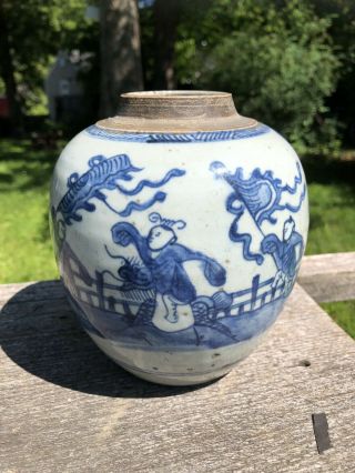Antique Chinese Blue And White Porcelain Jar Qing Dynasty