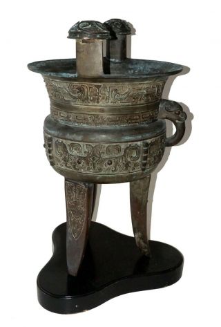 Chinese Giant Archaistic Style Bronze Jia Ritual Vine Warmer Fitted Stand (rgr)