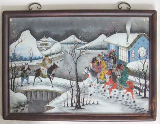 Fine 19th Century Chinese Reverse Painting On Glass,  Army Figures,  Framed,  Large