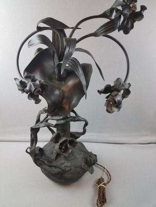 Signed Pablo Rigual Bronze Art Nouveau Sculpture Lamp Leaves Iris Poppy Blossoms