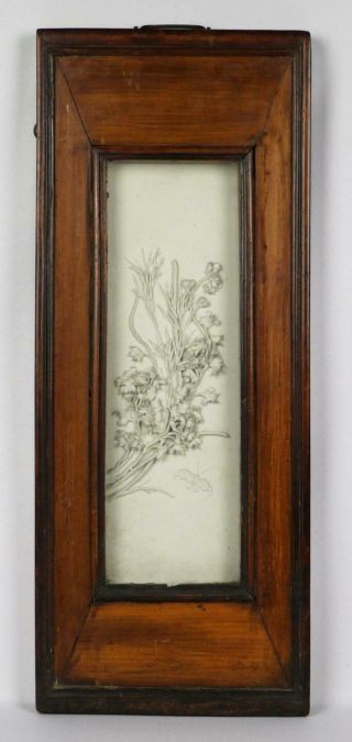 Fine Antique 19thc Chinese Qing Wood Framed Porcelain Relief Floral Wall Plaque
