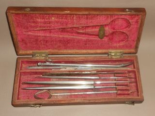 C1875 - 85 Antique Surgical Instruments In Wood Box Surgery Tool Set Scalpels Etc