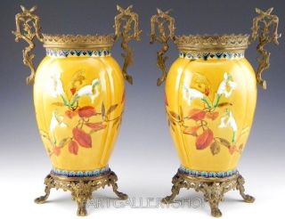 Antique Gien France Majolica Handpainted Flowers & Ormolu 12 - 3/8 " Vases Pair Set