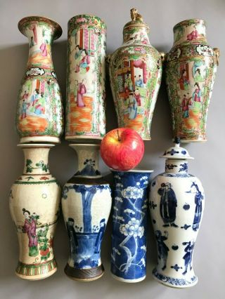 A Selection Of 8 Chinese Vases Famille Rose,  Blue & White Etc 19th Century Qing