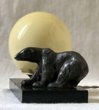 French Art Deco Mood Lamp With Polar Bear & Pale Yellow Glass Shade.  Marble Base