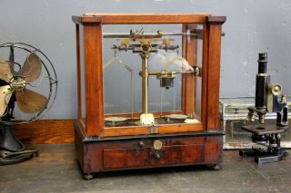 Antique Scientific Scale Apothecary Cabinet brass and wood medicine vintage old 2