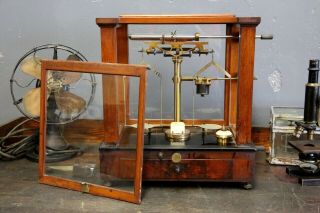 Antique Scientific Scale Apothecary Cabinet brass and wood medicine vintage old 3