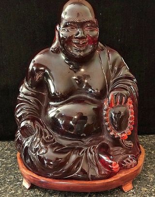 Rare Antique Chinese Cherry Amber Resin Happy Buddha Statue Carved 13 Lbs 13 "