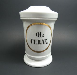 Antique White Porcelain Apothecary Pharmaceutical Jar W/lid - Ol: Cerae.