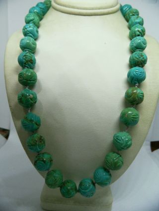 Vintage Chinese Turquoise Carved Shou Stone Bead Necklace Natural 71 Grams 18 "