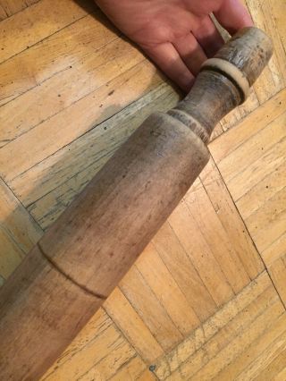18th Century Walnut Wood Rolling Pin Unusual Form W Carved Out Handles Great Pin 12
