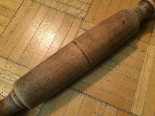 18th Century Walnut Wood Rolling Pin Unusual Form W Carved Out Handles Great Pin 4