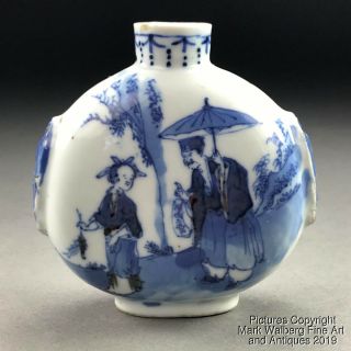 Chinese Underglaze Blue & Red Porcelain Snuff Bottle,  Mask Handles,  19th Century