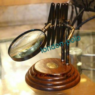 VINTAGE TABLE TOP BRASS MAGNIFYING GLASS WOOD BASE DESKTOP MAGNIFIER CHAINNER 2