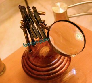 VINTAGE TABLE TOP BRASS MAGNIFYING GLASS WOOD BASE DESKTOP MAGNIFIER CHAINNER 3