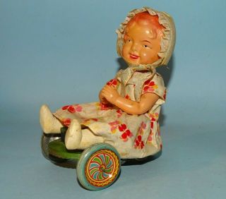 Girl On Three Wheel Cart Tin/celluloid Windup Toy Japan