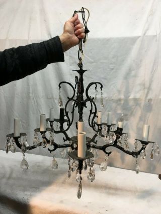 Vtg 4 Arm Ornate Black Painted Brass Gothic Chandelier With Glass Crystals