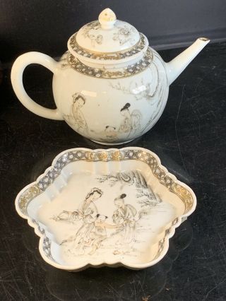 Antique Chinese Canton Porcelain Black Teapot And Dish 18th Century