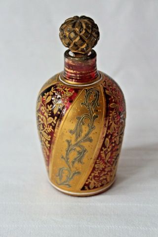 Antique Bohemian Moser Cranberry Glass Enamelled Perfume Bottle C 1880