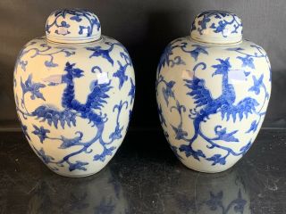 A Pair Antique Chinese Porcelain Blue And White Jar With Lid 19th Century