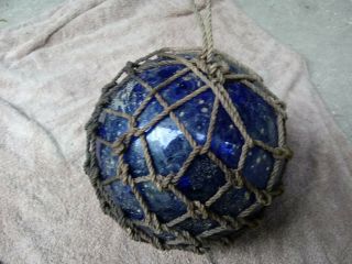 Colbalt Blue Glass Fishing Float W/ Webbing And Markings