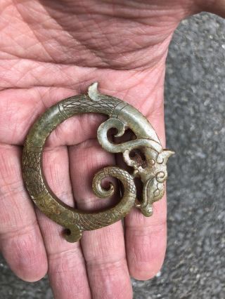Chinese Old Green Jade Carved Dragon Figure Pendent