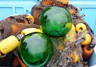 12 " Vintage Glass Green Fishing Buoy Floats Nautical Fish Net Decor (each)