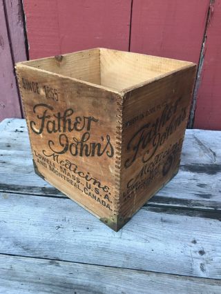 Rare Father John’s Medicine Antique Wooden Box Crate Lowell Ma Mass Primitive