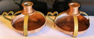 Very Unusual Pair Wmf Early 20th C.  Arts & Crafts Copper & Brass Candleholders