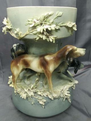 Antique Old Majolica Faience Art Pottery Vase Hunting Dog Dogs Ceramic Large Urn