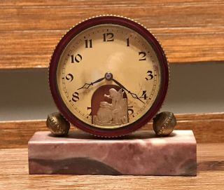 Vintage Swiss Table Clock Brass Red Enamel / Marble Base Work