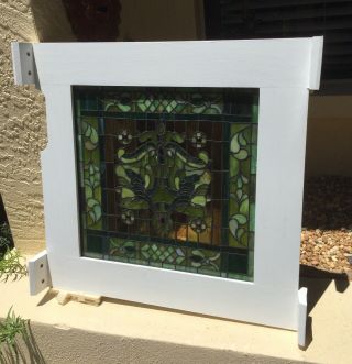 VINTAGE ARTS & CRAFTS STAINED GLASS WINDOW / ARTFULLY FRAMED 2