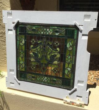 VINTAGE ARTS & CRAFTS STAINED GLASS WINDOW / ARTFULLY FRAMED 5