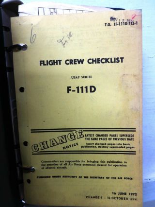 F 111D USAF Flight Crew Checklist,  Oct.  1974,  T.  O.  1F - 111D - 1CL - 1,  USAF 3