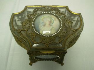 Antique Gilt Brass Glass Jewelry Casket Box Signed H/painted Portrait &lady Gent
