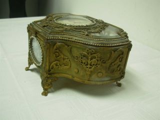 ANTIQUE GILT BRASS GLASS JEWELRY CASKET BOX SIGNED H/PAINTED PORTRAIT &LADY GENT 3