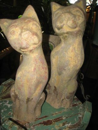Pr Vntg Old Paint Cats Cement Folk Art Figure Door Stop Sculpture Mama & Baby