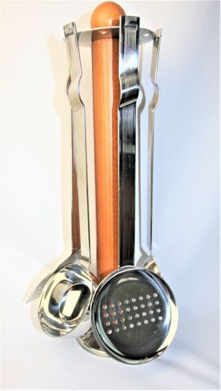 60s Italian Motta Design Mcm Tall Kitchen Utensil Caddy Set Olivewood Inox Steel