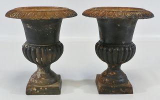 Antique French Medici Neoclassical Cast Iron Garden Urn Planter Set 2