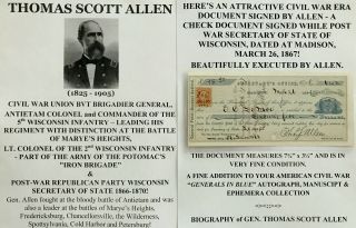 Civil War General Antietam Colonel 5th Wisconsin Infantry Document Signed Check