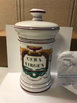 Large French Antique Porcelain Apothecary Pharmacy Jar 1800s,  Cera Virgen