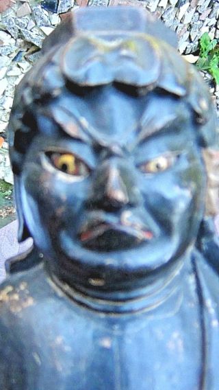 ANTIQUE JAPANESE MEIJI WOOD CARVED STANDING DEMON STATUE ON GILT CARVED STAND 9
