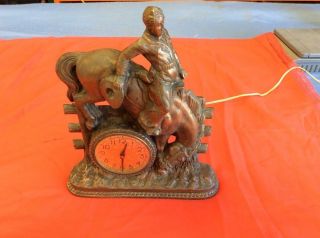 Vintage Bucking Bronco Horse & Cowboy Bronze Mantle Clock