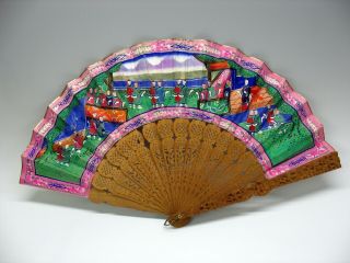 Antique Chinese 1000 Faces Handpainted Paper Fan With Sandalwood Sticks & Box